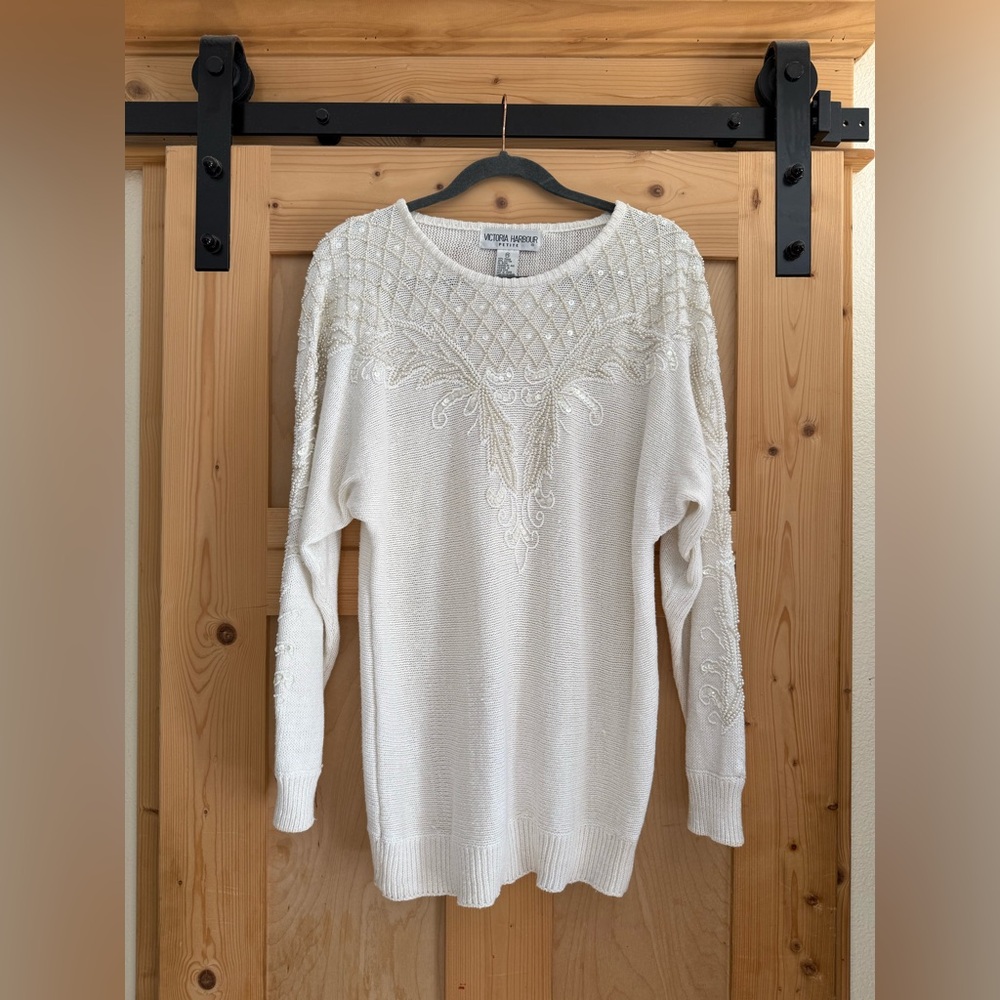 Elegant Cream Beaded Natural Fiber Sweater